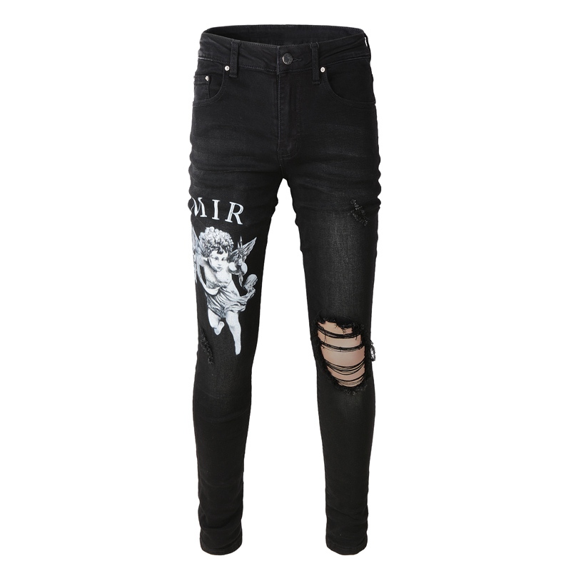 High Street Fashion Man Jeans กางเกงยีนส์สีดำผอม Eros Cupid พิมพ์กระบวนการออกแบบกางเกงยีนส์คุณภาพสูงสไตล์ฮิปฮอปของผู้ชาย
