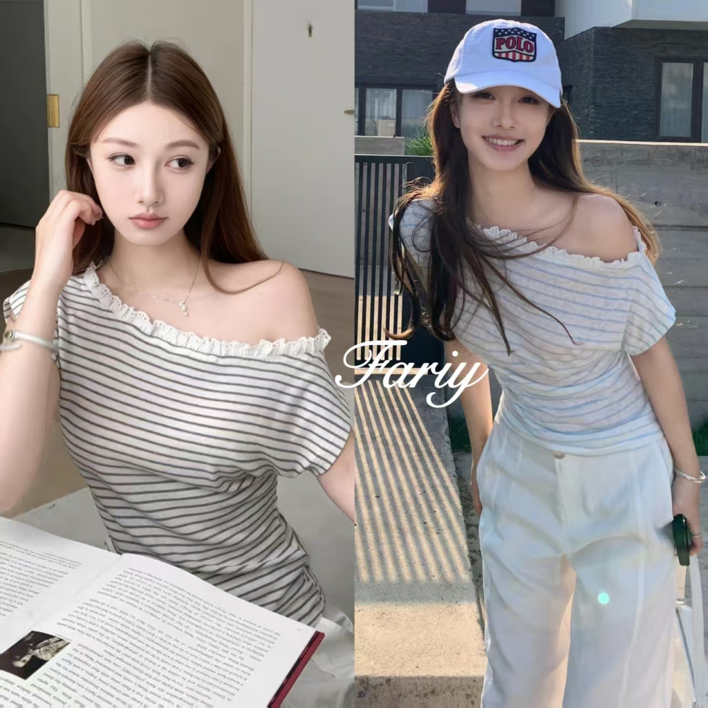 Fariy คลังสินค้าพร้อม  เสื้อยืดแขนสั้นลายทางสีเทาเปิดไหล่สำหรับผู้หญิง ดีไซน์เอวเข้ารูปช่วงฤดูร้อน
