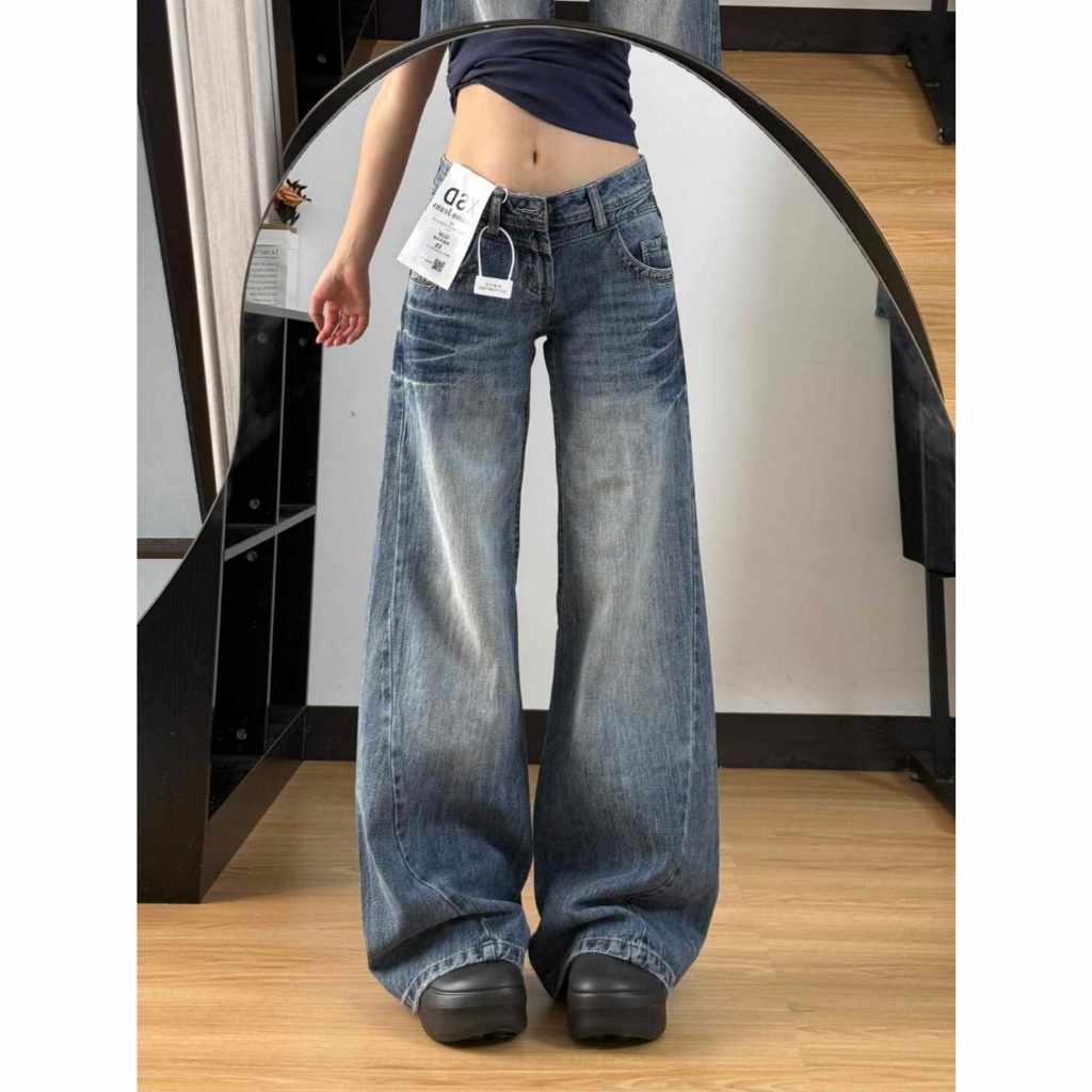 KOKONOMI กางเกงยีนส์low-waist micro-flapสำหรับผู้หญิง สไตลอเมริกัน.slimmer fit ขาตรงflared