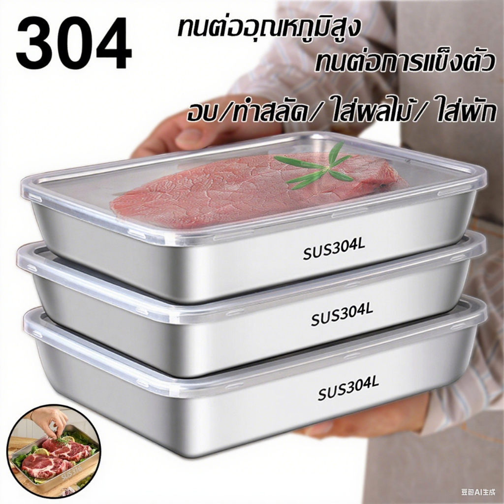 มีฝาปิด 5 ชั้น กล่องเก็บอาหาร สแตนเลส 304 ทรงสี่เหลี่ยม เก็บอาหารสด กล่องอาหารสแตนเลส 304 ถาดสแตนเลส