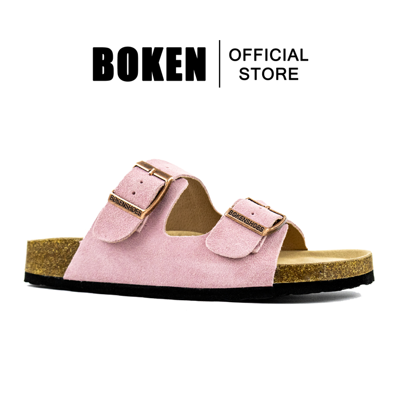 BOKEN รองเท้าส้นเตี้ยสีชมพูสำหรับผู้หญิง สไตล์รองเท้าแตะ