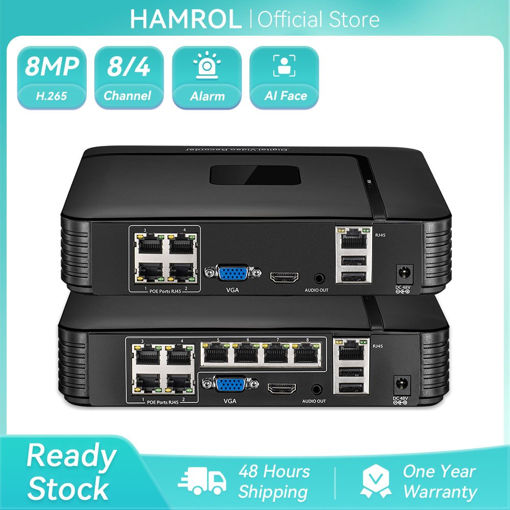 Hamrol 4CH/8CH 8MP 4K POE 48V NVR AI Face Detect for H.265/H.264 POE IP Camera CCTV System Video Rec