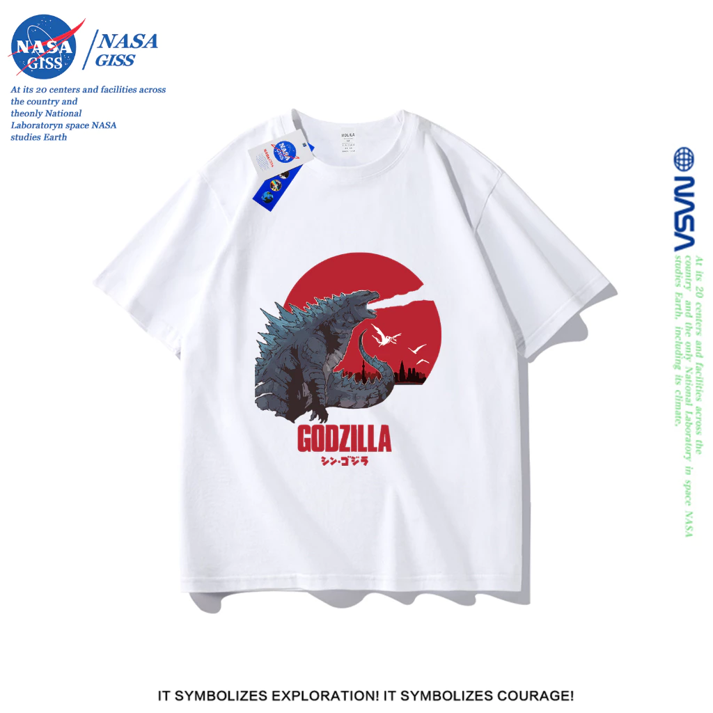 NASA เสื้อยืดชายหญิงแขนสั้น สตรีทฮิปฮอป summer Godzilla พิมพ์ลาย คอตตอน คอกลม หลวมและระบายอากาศ