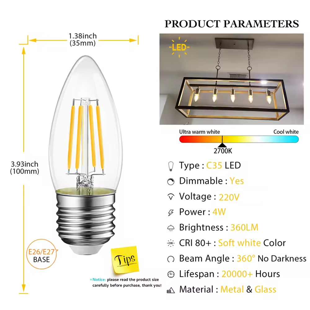 Vintage Edison LED เทียนหลอดไฟ E14/E27, C35 Bent Tip คริสตัลโคมไฟระย้า, Ultra Bright Warm White Retro Filament โคมไฟ 4W