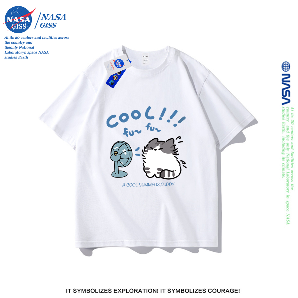 NASA เสื้อยืดชายหญิงแขนสั้น สตรีทฮิปฮอป summer cool cat พิมพ์ลาย คอตตอน คอกลม หล