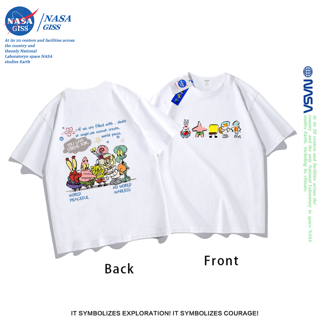 NASA เสื้อยืดชายหญิงแขนสั้น สตรีทฮิปฮอป summer สพันจ์บ็อบ สแควร์แพนท์ พิมพ์ลาย คอตตอน คอกลม หลวมและระบายอากาศ