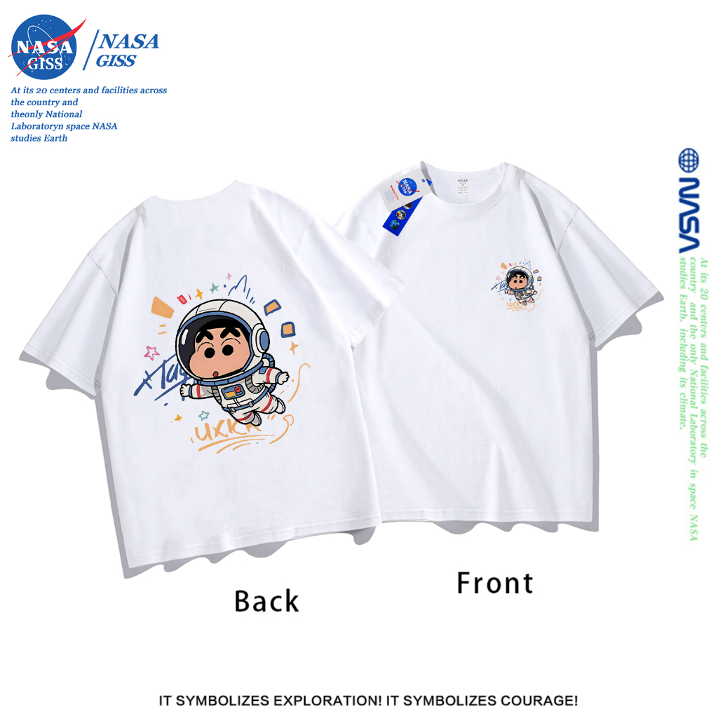 NASA เสื้อยืดชายหญิงแขนสั้น สตรีทฮิปฮอป summer นักบินอวกาศเครยอนชินจัง พิมพ์ลาย คอตตอน คอกลม หลวมและระบายอากาศ