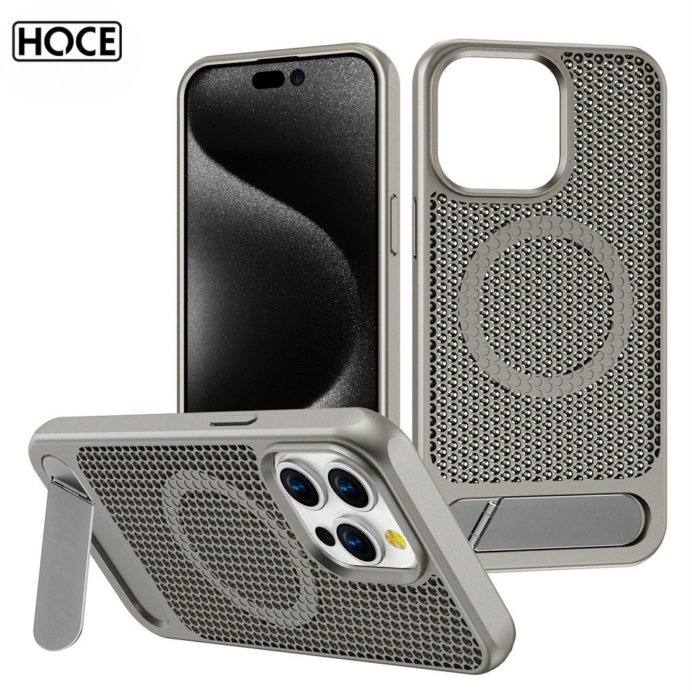 HOCE หรูหรากระจายความร้อน Hollow Bracket เคสโทรศัพท์สําหรับ iPhone 17 16 15 14 13 12 Pro Max 15Plus 11 ขาตั้งผู้ถือ Matte ฝาครอบแม่เหล็ก