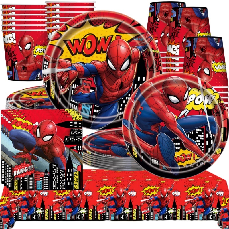 Spiderman Birthday Party ตกแต่งบนโต๊ะอาหารผ้าเช็ดปากถ้วยผ้าปูโต๊ะ Spiderman Theme Deco ชุด Boy Favors Supply