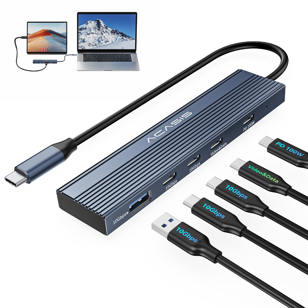 ACASIS USB-C 5-in-1 Docking Station Hub สําหรับแล็ปท็อป USB-C, ประเภท C รองรับ 4K @ 60Hz วิดีโอ/เอาต์พุตข้อมูล, 2 * USB C/USB-A 3.1 10Gpbs รองรับ PD100W ชาร์จสําหรับ Mac และ