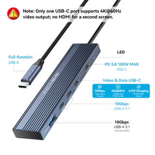 ACASIS USB-C 5-in-1 Docking Station Hub สําหรับแล็ปท็อป USB-C, ประเภท C รองรับ 4K @ 60Hz วิดีโอ/เอาต์พุตข้อมูล, 2 * USB C/USB-A 3.1 10Gpbs รองรับ PD100W ชาร์จสําหรับ Mac และ
