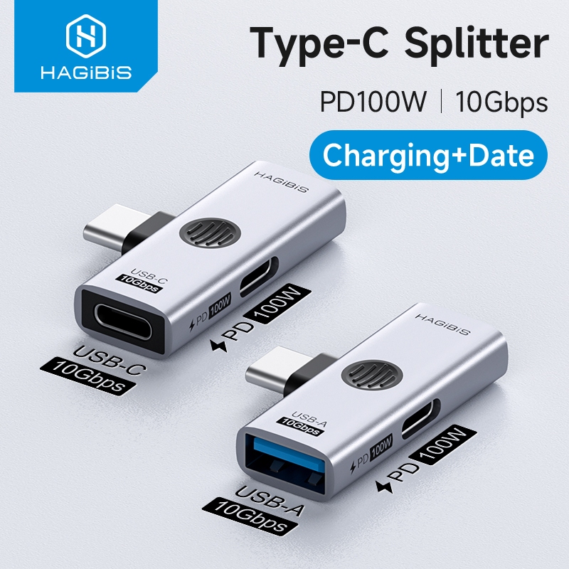 อะแดปเตอร์ Hagibis USB C 1 in 2 Out Splitter พร้อมการถ่ายโอนข้อมูล 10Gbps PD100W พอร์ตชาร์จ USB C ถึงหูฟังตัวแปลง OTG สําหรับโทรศัพท์/แล็ปท็อป/แท็บเล็ต/สวิตช์