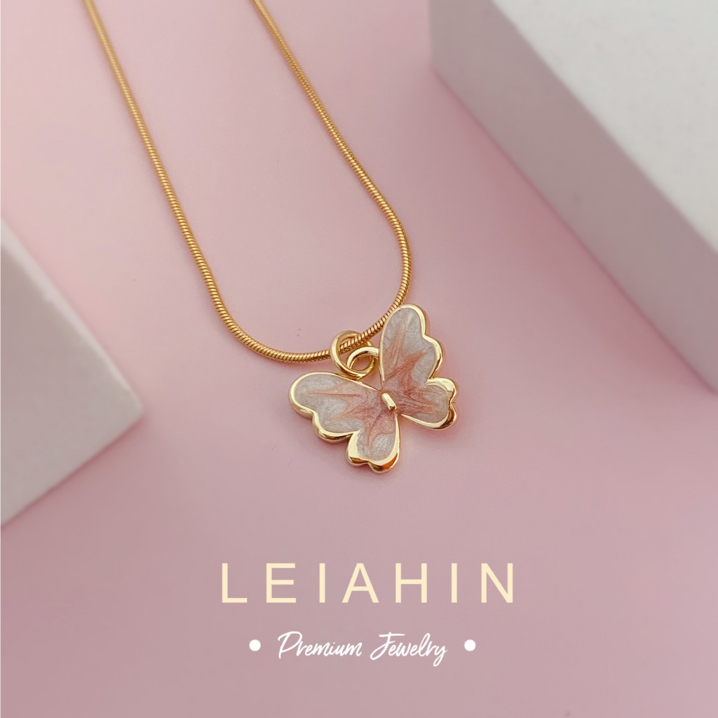 LEIAHIN สร้อยน่ารักเกาหลี จี้ผีเสื้อสีชมพูเขียนลาย ชุบทอง 18k สำหรับสาวสวย