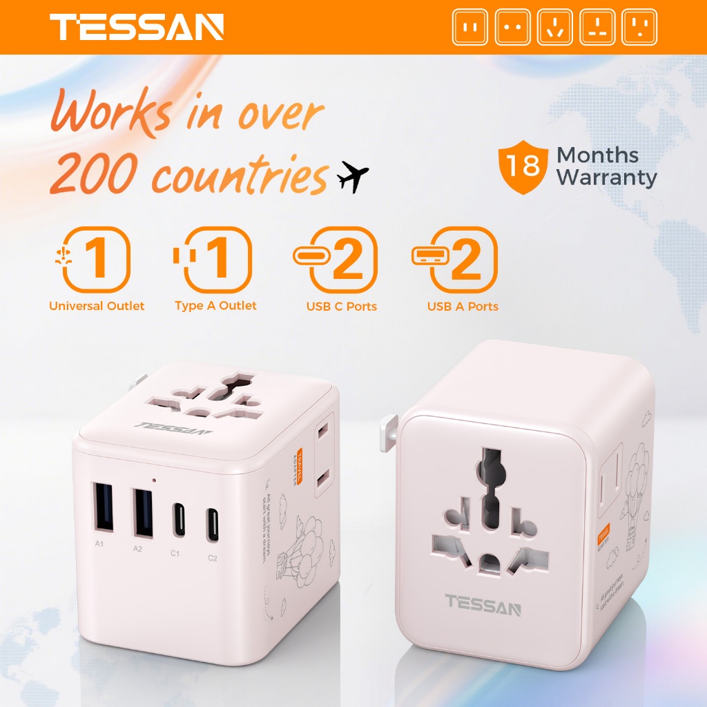 TESSAN 17W ถึง 100W USB Travel Adapter จากญี่ปุ่น เกาหลีใต้ Universal Adaptor ปลั๊กชาร์จพร้อม USB+Type C