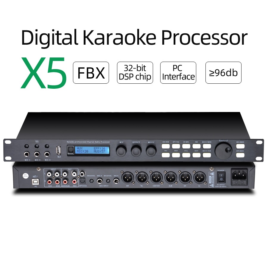 Equalizer X5 คาราโอเกะ Professional Audio Digital Mixer KTV ไมโครโฟน Anti-Howling Feedback FBX Optical/Coaxial/USB/บลูทูธ/PC อินเทอร์เฟซ Echoerator Pre-audio Reverb