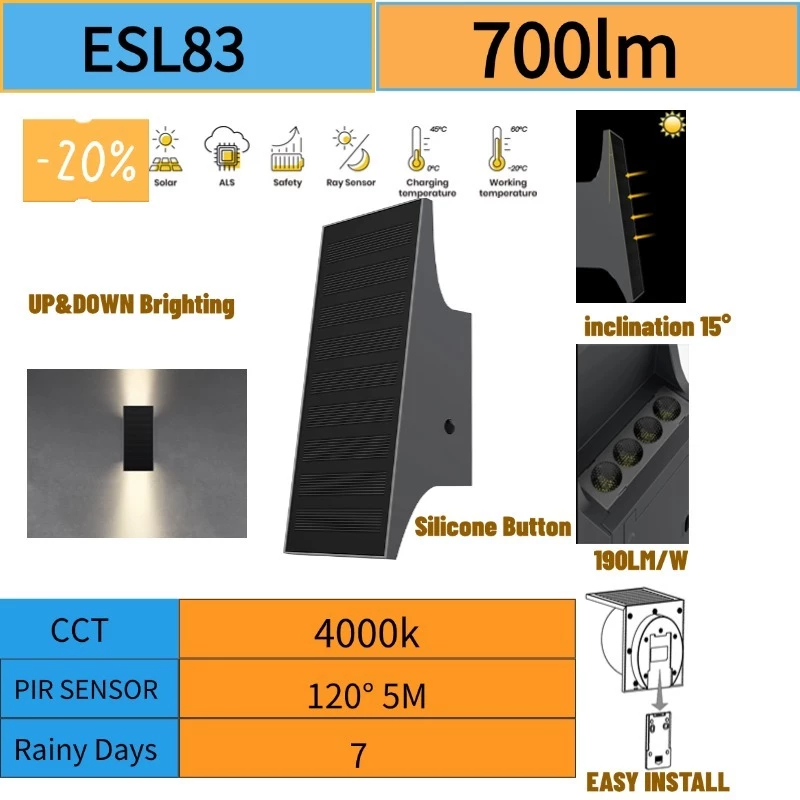 [จากไทย] ติดผนัง led รุ่นใหม่ โคมไฟโซล่าเซลล์ ESL83 UP AND DOWN BEAM ANGLE 700 LM