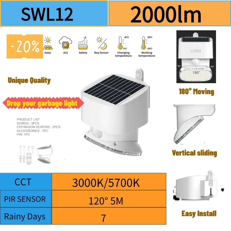 [จากไทย] ติดผนัง led รุ่นใหม่ โคมไฟโซล่าเซลล์ Solar light SWL12 2000LM