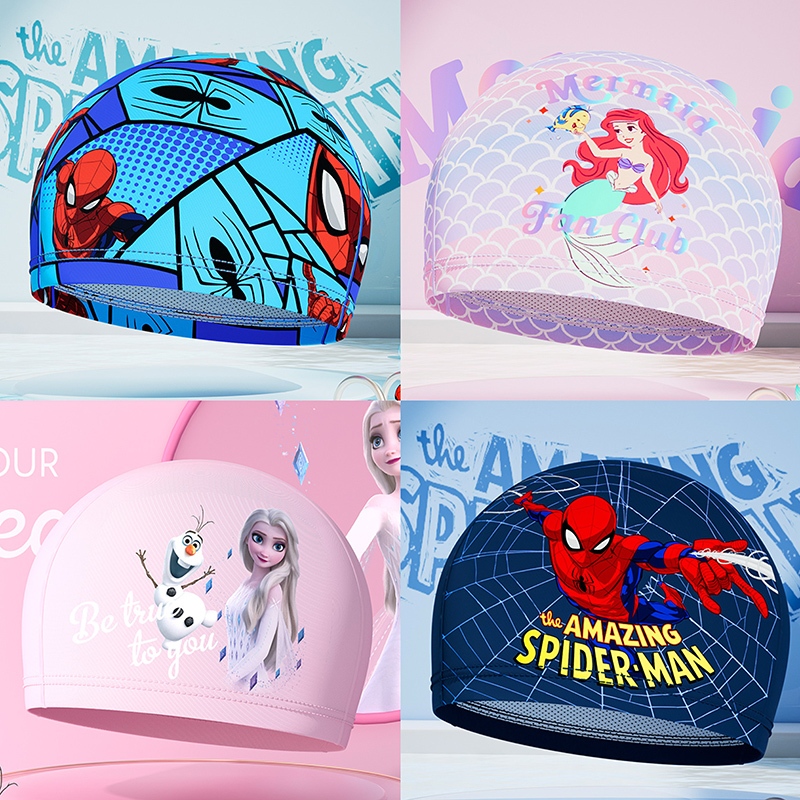 Disney หมวกว่ายน้ําผู้ชายผู้หญิงกันน้ํา Breathable Non-Strling เด็กพิมพ์ PU เคลือบไนลอนหมวกว่ายน้ํา