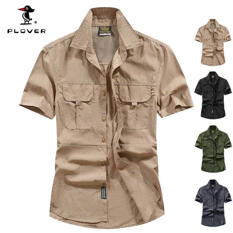 PLOVER เสื้อเชิ้ตแขนสั้นผู้ชายแห้งเร็วเสื้อเชิ้ตระบายอากาศต่อต้านริ้วรอยไม่รีดขนาดบวก M-4XL-Kh