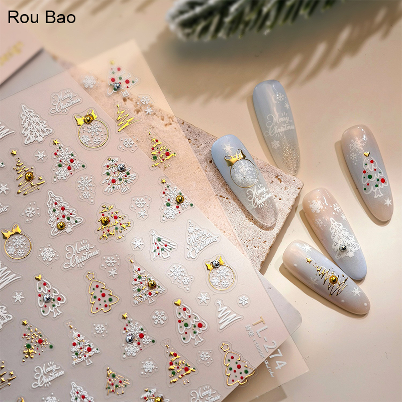 Rou Bao TL-274 5D เล็บนูนสติกเกอร์ทองต้นคริสต์มาสบางโปร่งใสกลับกาวเล็บตกแต่งศิลปะ