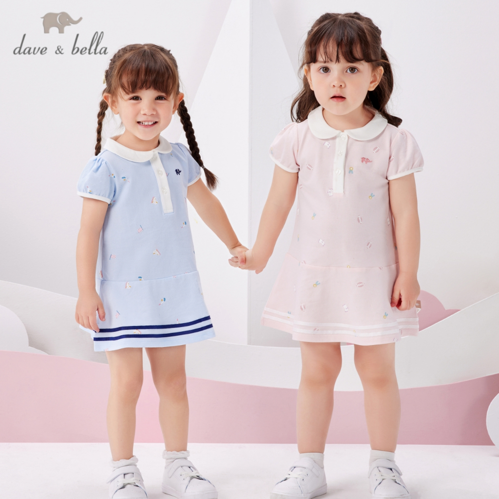 Dave Bella 6M-7Y เดรสเด็กผู้หญิ ผ้าฝ้าย100% กระโปรงทรงเอสำหรับเด็กผู้หญิง ปักลายช้างตัวน้อย DBM14115
