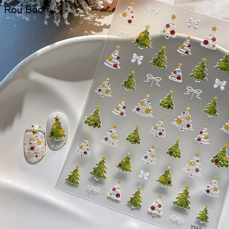 Rou Bao เล็บต้นคริสต์มาสสีเขียวสีชมพูโบว์สีฟ้าพร้อมกาวด้านหลังเล็บตกแต่ง DIY