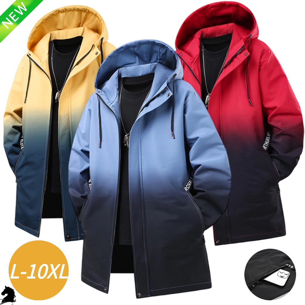 L-10XL 2025 ฤดูใบไม้ผลิฤดูใบไม้ร่วงเสื้อผ้าอินเทรนด์ผู้ชาย All-Match Gradient สี Hooded Windbreaker แจ็คเก็ตไขมันเยาวชน Plus ขนาดความยาวกลางแจ็คเก็ต