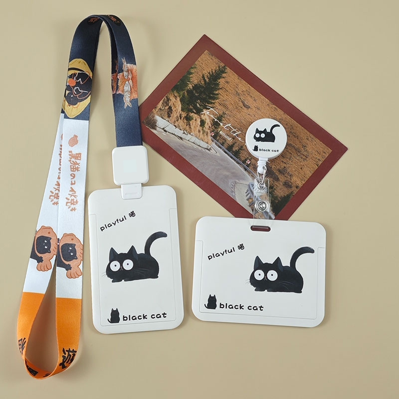 เคสแข็ง แบบใส ลายแมวดํา พร้อมสายคล้อง ถอดออกได้ สําหรับพนักงานเสิร์ฟ
