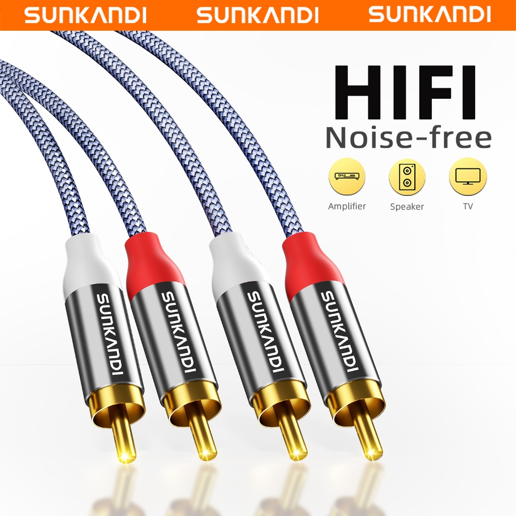 สายสัญญาณเสียง SUNKANDI 2RCA ถึง 2RCA สายชุบทองสเตอริโอชายสําหรับโฮมเธียเตอร์