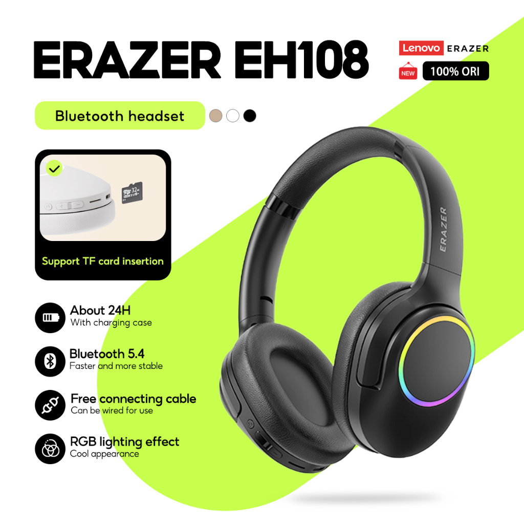 หูฟัง Lenovo Erazer EH108 ไร้สายบลูทูธ 5.4 หูฟังแบบพับได้หูฟังแบบพกพาชุดหูฟังกีฬาสําหรับเล่นเกมอายุก