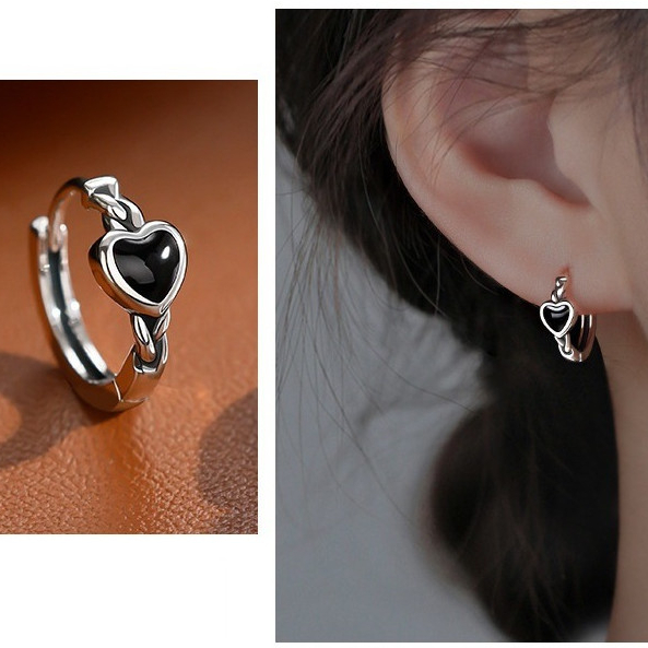 ต่างหูหัวใจสีดำเงินSterling S925 สำหรับสตรี ออกแบบคลาสสิกไม่ทำให้เกิดอาการแพ้