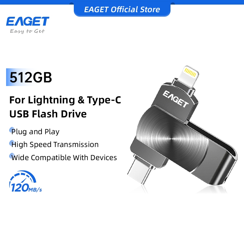 EAGET i66 Pro สําหรับ iP To Type-C แฟลชไดรฟ์ USB ความเร็วสูง (128GB/256GB/512GB)