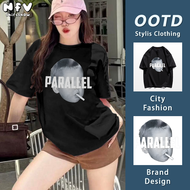 NFV เสื้อยืดแขนสั้นลายเด็กยุโรป สไตล์ฮิปฮอป สำหรับผู้หญิง ไซส์ใหญ่ ผ้าคอตตอน สีฟอกมีสไตล์ YG729