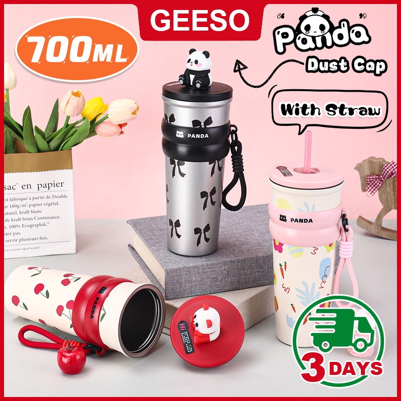 GEESO การ์ตูน Panda แก้วน้ำสแตนเลส 316 เคลือบเซรามิก ขนาด 700 มล. มีหลอดดูด พับเก็บได้ มีที่เก็บฝาหล