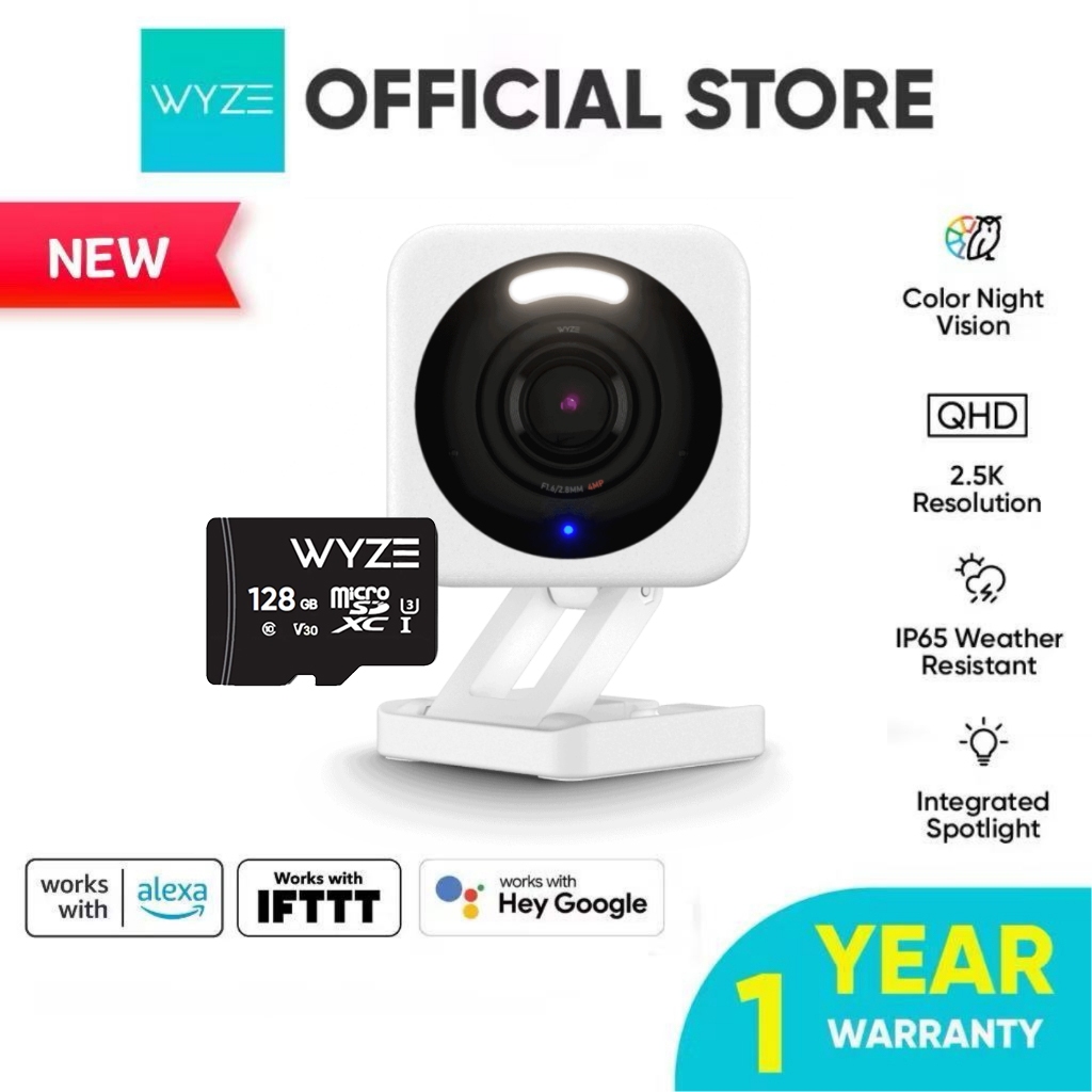 Wyze Cam v4 + 128gb MicroSD Card, 2.5K HD Wi-Fi กล้องรักษาความปลอดภัยบ้านอัจฉริยะ, กล้องวงจรปิด, การใช้งานในร่ม/กลางแจ้ง, สปอตไลท์ที่เปิดใช้งานการเคลื่อนไหว/ไซเรน, การมองเห็นได้ในเวลากลางคืนสี, แบบมีสาย