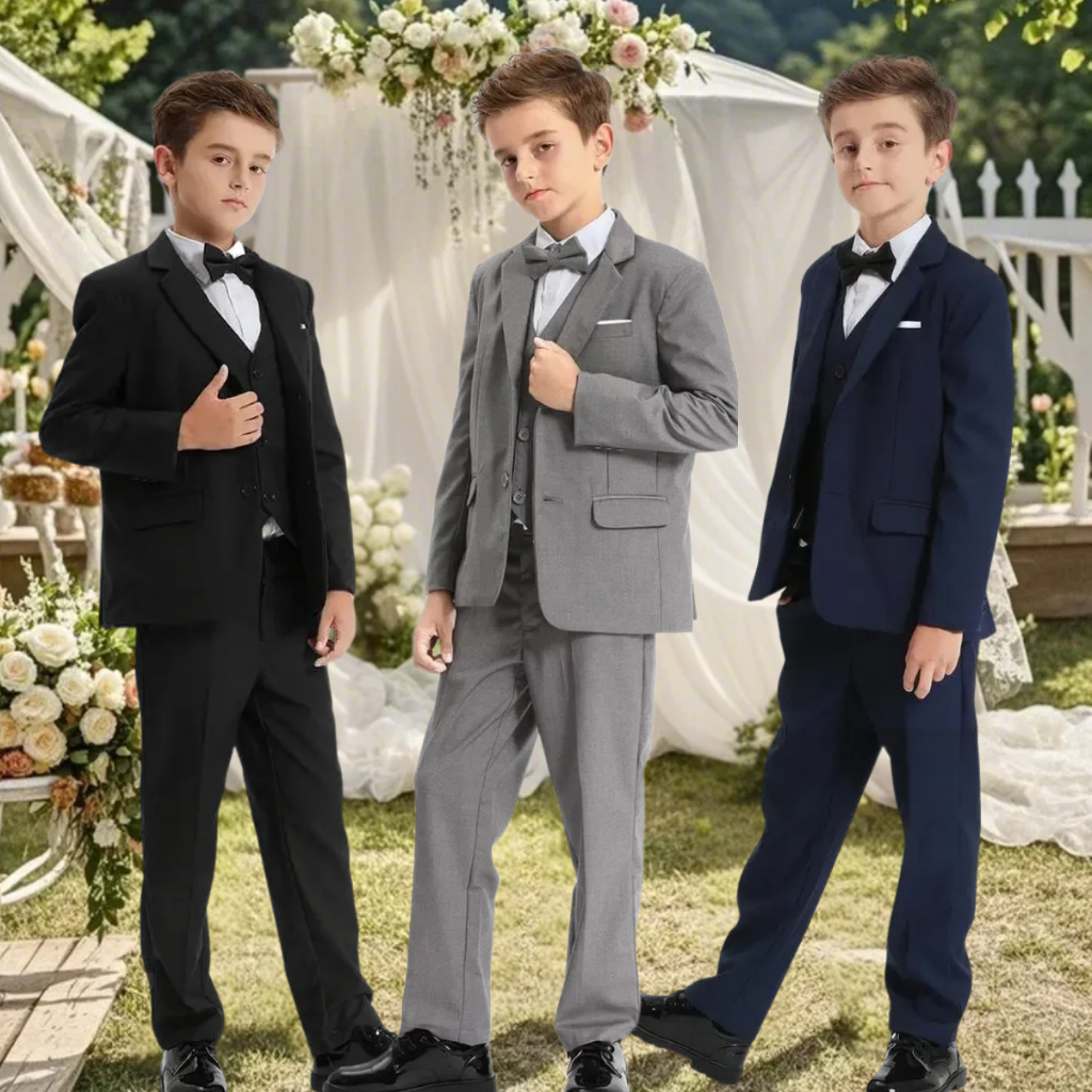 เครื่องแต่งกายอย่างเป็นทางการสําหรับเด็กชุดทักซิโด้สําหรับเด็กสีดําชุดนักเรียนวัยรุ่นสีกากีแหวนแต่งงาน นักหมี ชุดเด็กวันเกิดถ่ายภาพ เสื้อผ้าเสื้อ+เสื้อกั๊ก+กางเ