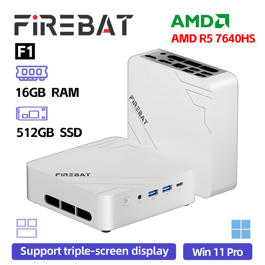 FIREBAT F1 มินิพีซีสีเทาพร้อม SSD 512GB, AMD Radeon 760M, AMD Ryzen 5 7640HS, 16GB RAM
