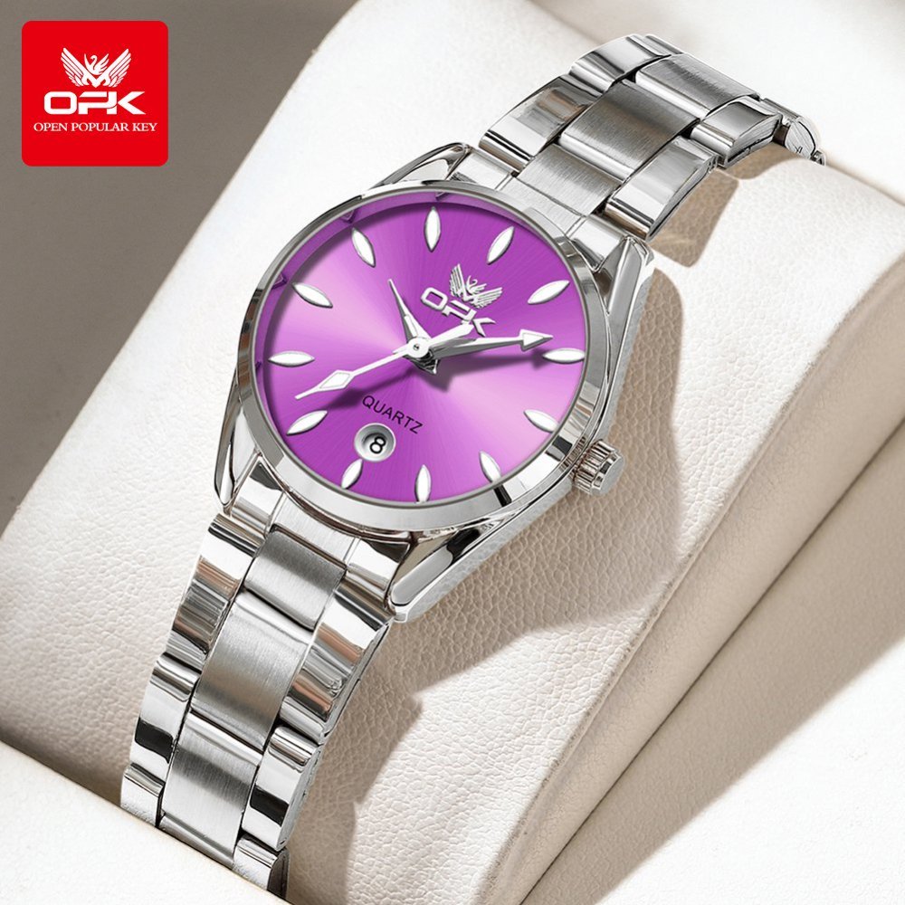OPK นาฬิกาข้อมือผู้หญิง แฟชั่นเรืองแสงกันน้ำดั้งเดิมสีม่วงหรูหรา นาฬิกาของขวัญสำหรับผู้หญิง 6038
