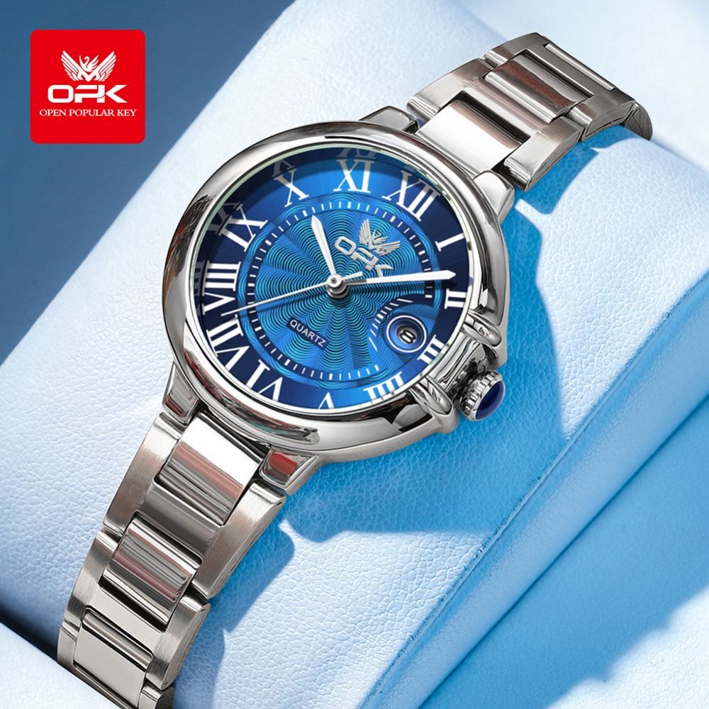 OPK นาฬิกาข้อมือผู้หญิง แฟชั่นเรืองแสงกันน้ำดั้งเดิมสีน้ำเงินหรูหราธุรกิจ นาฬิกาของขวัญ 6039