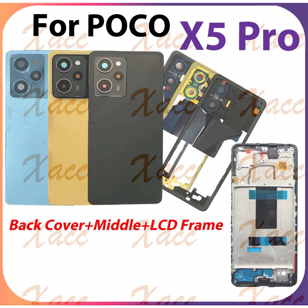 สําหรับ Poco X5 Pro ฝาหลังแบตเตอรี่ชุดเต็มปุ่มกรอบกลางกรอบเลนส์กล้อง LCD กรอบด้านหน้าเปลี่ยน