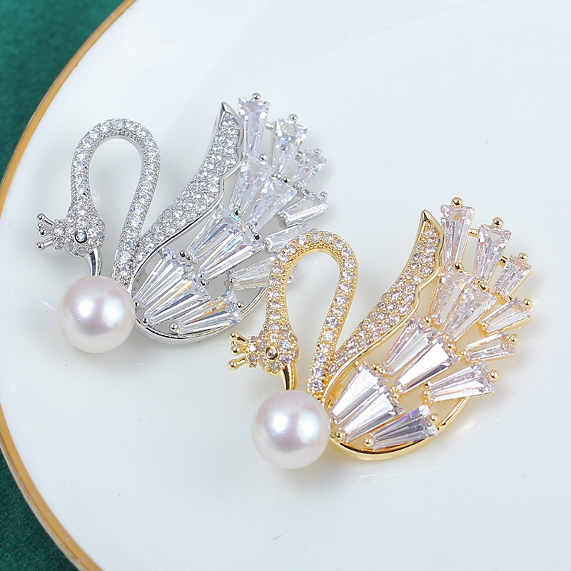 เข็มกลัดมุกน้ำจืดลายดอกไม้ สำหรับประดับบนเสื้อ สไตล์เรียบหรู Crown Swan Zircon