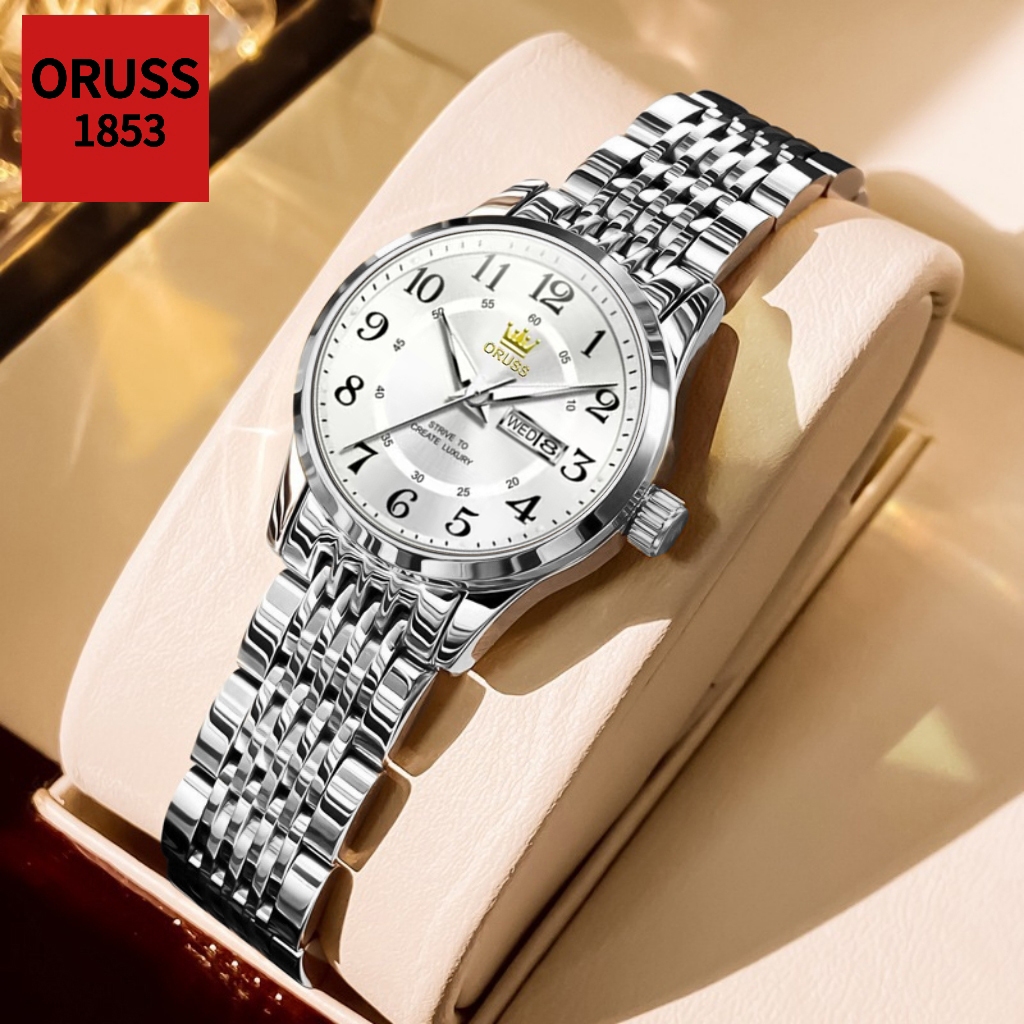 ORUSS รัส ต้นฉบับหญิงเงินปฏิทินคู่สแตนเลสหรูหราส่องสว่างกันน้ํานาฬิกาขนาดเล็กแฟช