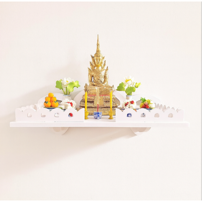 โต๊ะบูชาพระและขวัญสไตล์ไทย แผ่นติดผนังสีขาวสำหรับบ้าน ใช้สำหรับวางพระพุทธรูป ขวัญ และของถวาย โครงสร้างโมเดิร์น สวยงาม - รูปที่ 7