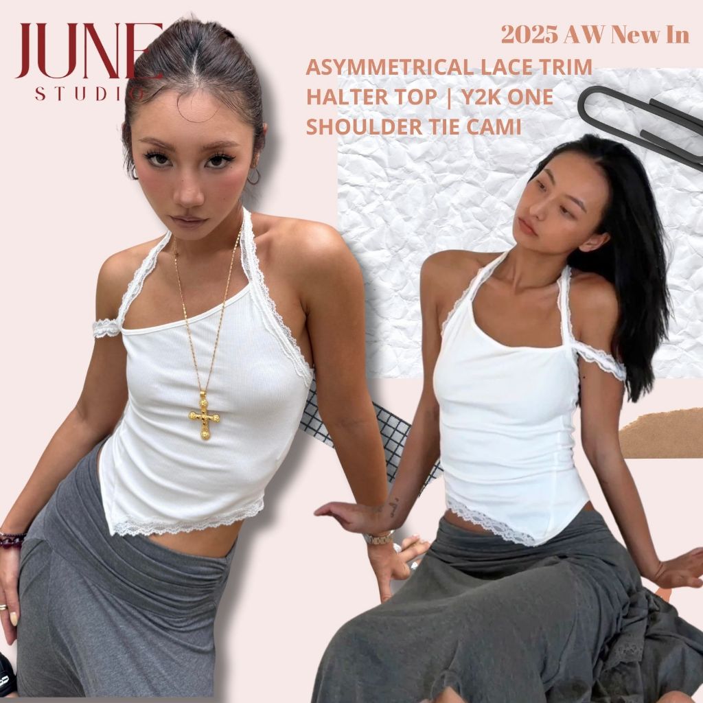 [June Studio] Design Sense เสื้อชั้นใน Halter Camisole ลายไม่สมมาตร สายสะพายไหล่ลูกไม้ สไตล์เรียบหรู