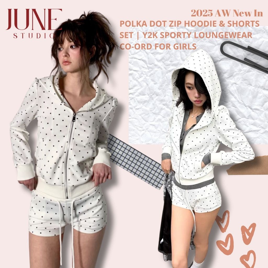 [June Studio] สไตล์กีฬา Polka Dot Hooded Short Sweatshirt + กางเกงขาสั้นเอวสูงชุดฤดูใบไม้ร่วงสไตล์เก