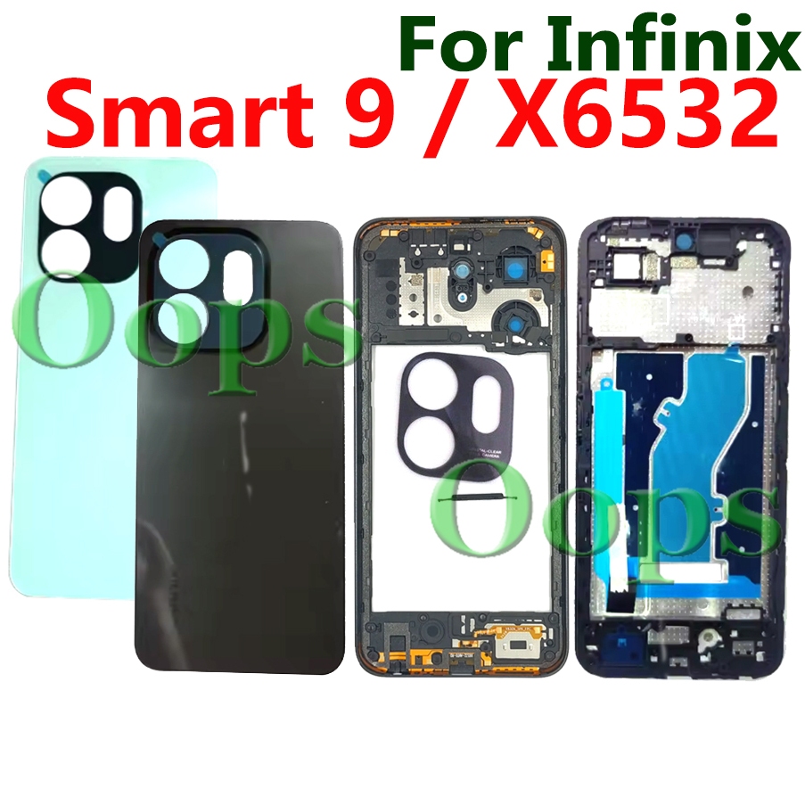 สําหรับ Infinix Smart 9 X6532 แบตเตอรี่ฝาหลัง + LCD ด้านหน้ากรอบกลาง + ปุ่มเลนส์กล้อง