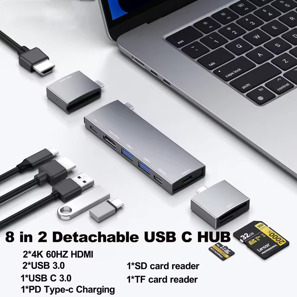 อะแดปเตอร์ฮับ USB C สําหรับ Macbook Air/Pro M1 M2 M3 Dell Acer ที่ถอดออกได้ 8 ใน 2 USB-C ถึง 4K 60HZ HDMI-อะแดปเตอร์ Multi USB 3.0 Hub