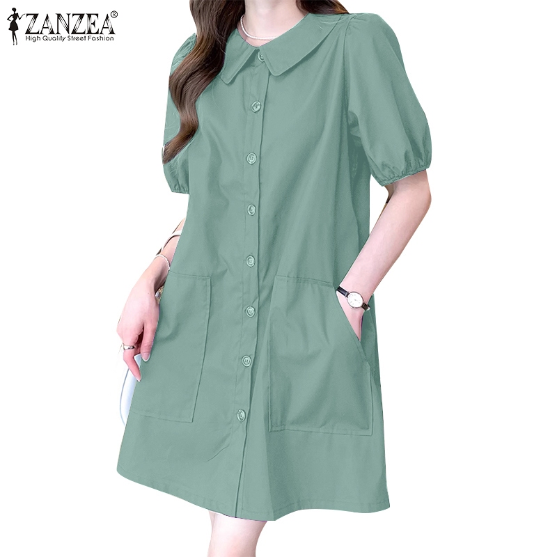 ZANZEA ใส่ ซานเซีย ผู้หญิงเกาหลีทุกวันสบายๆพัฟแขนกระเป๋าชุดเดียวชุดเดรสสายเดี่ยว