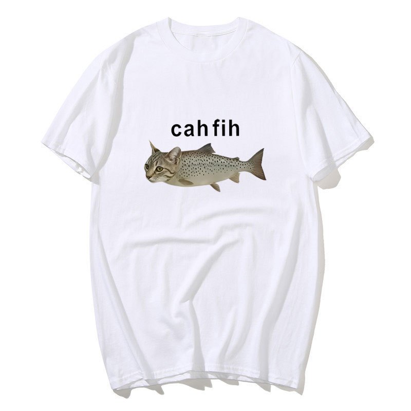 Cah Fih เสื้อยืด Fih ตลก Mispelled ปลา Meme เสื้อยืดแมวและปลากราฟิกอารมณ์ขัน Tshirt ลําลองผ้าฝ้ายแขน