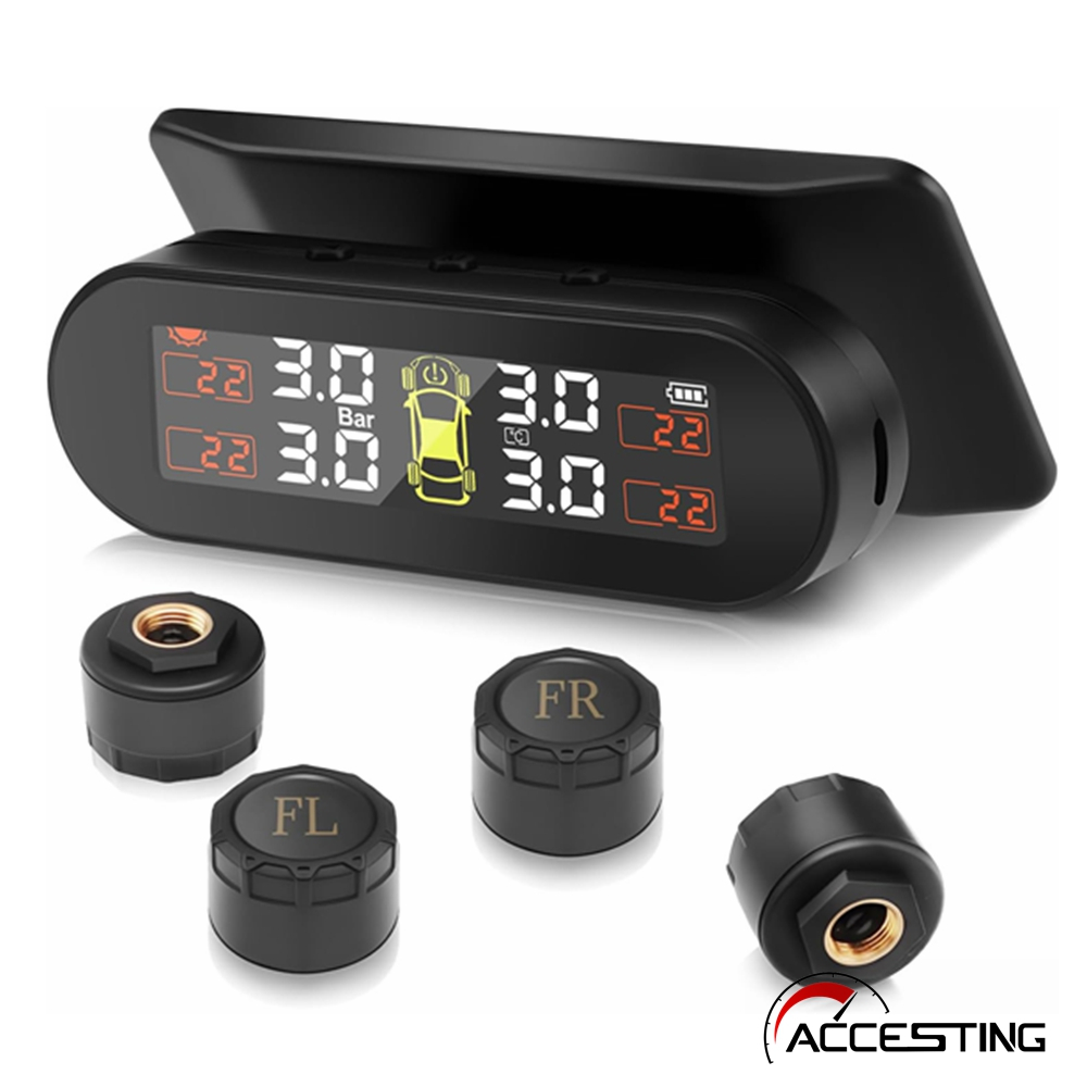 TPMSระบบตรวจสอบแรงดันลมยาง ทีพีเอ็มเอส พร้อมการชาร์จไร้สายพลังงานแสงอาทิตย์และการชาร์จ ยูเอสบี, โหมดสัญญาณเตือน 5 โหมด, เซ็นเซอร์แรงดันลมยางภายนอก (0-3.5 บาร์), สําหรับรถยนต์, รถเอสยูวี,รถบรร